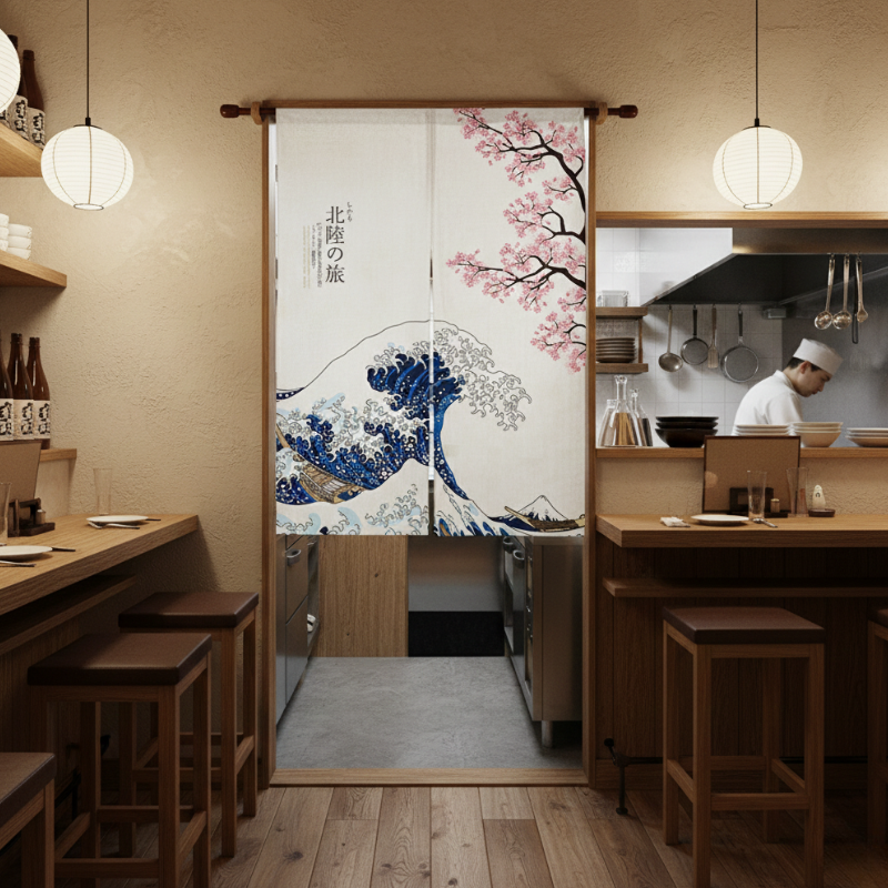 Noren Japonais Motif Grande Vague Et Sakura
