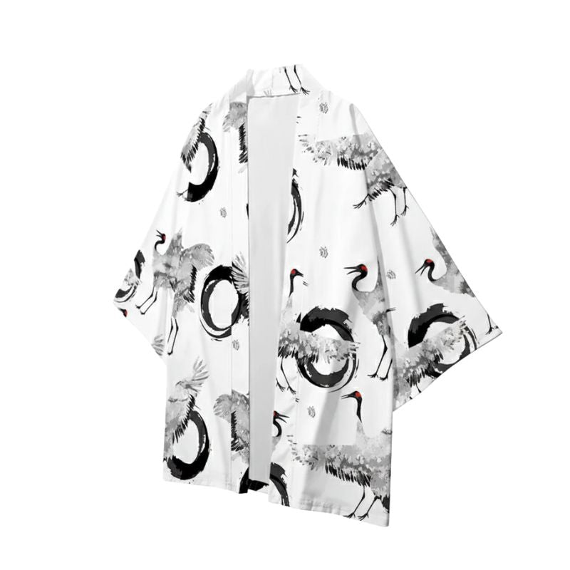 Haori Homme Japonais Blanc Motif Grues et Cercle Enso