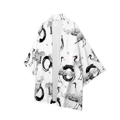 Haori Homme Japonais Blanc Motif Grues et Cercle Enso