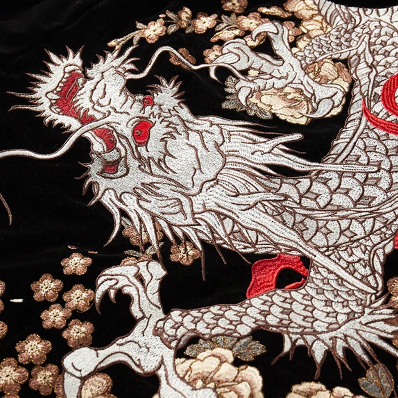 Sukajan Homme En Satin Avec Dragon Enroulé Et Pivoines Brodées