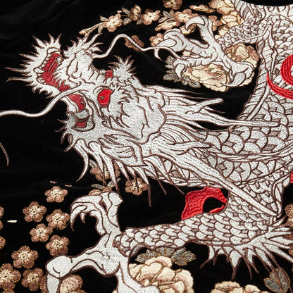 Sukajan Homme En Satin Avec Dragon Enroulé Et Pivoines Brodées