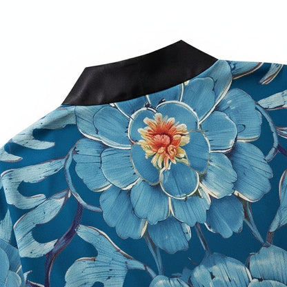 Veste Kimono Bleu En Motif Fleur Géante Artistique