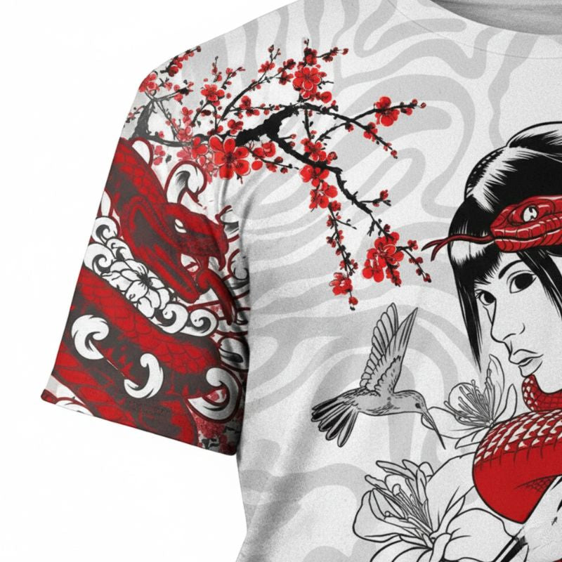 T-Shirt Japonais En Blanc Avec Femme Geisha Et Fleurs Lotus