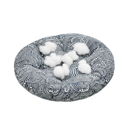 Coussin Japonais Rond Motif Seigaiha Bleu Et Blanc