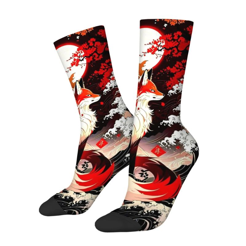 Chaussette Japonaise Imprimé Renard Rouge Et Lune Mystique