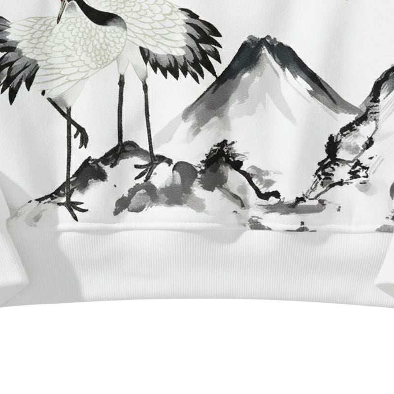 Sweat Japonais Zippé Avec Illustration Montagne Et Oiseaux