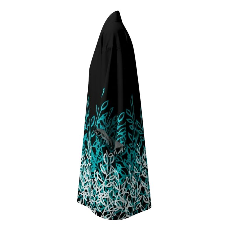Haori Femme Noir En Motif Feuillage Bleu Et Blanc