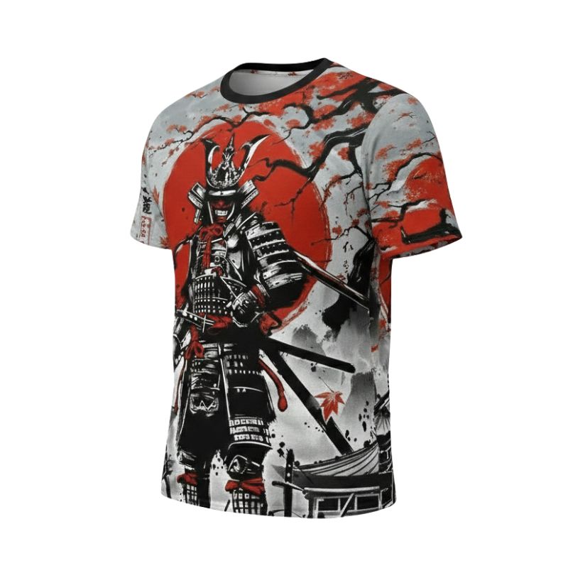 T-Shirt Japonais Avec Samouraï En Armure Et Soleil Rouge