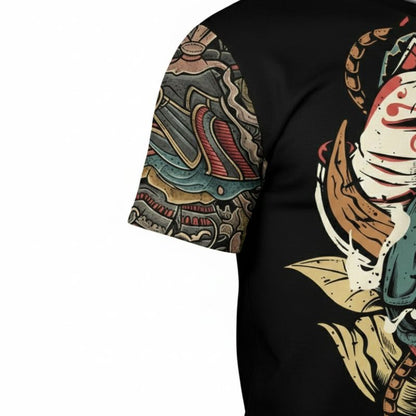 T-Shirt Japonais En Noir Avec Masque Oni Et Illustration Démon