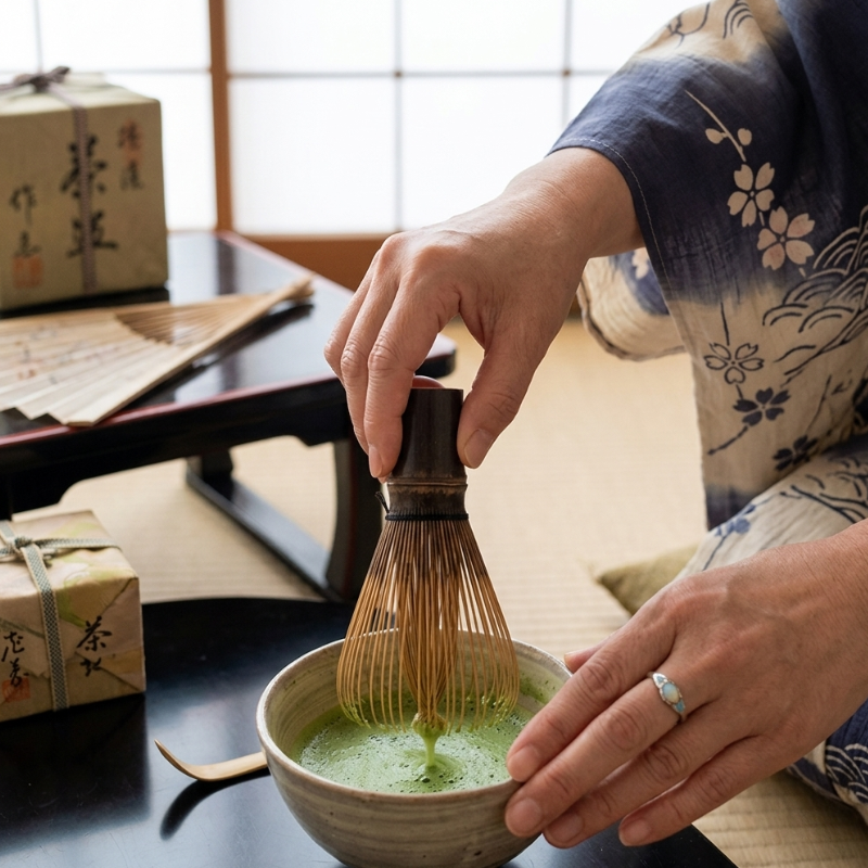 Fouet Matcha En Bambou Sculpté Avec Support Stable