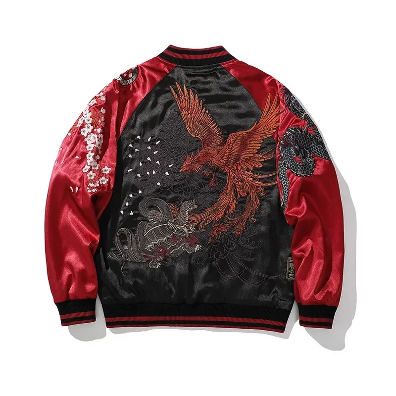 Sukajan Homme En Satin Avec Broderie Phénix Majestueux