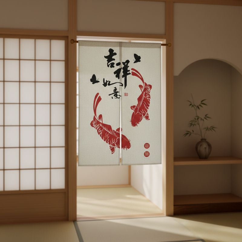 Noren Japonais Avec Carpes Koï Rouges Et Calligraphie Porte Bonheur