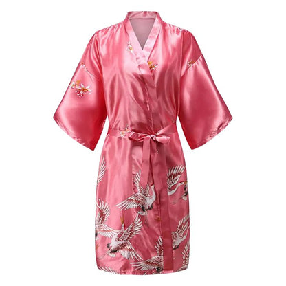Kimono De Nuit En Satin Avec Motifs Grues Japonaises Élégantes