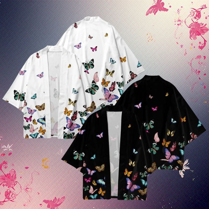 Haori Femme En Motif Papillons Multicolores Élégants