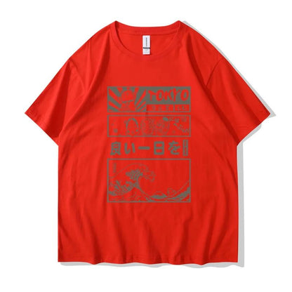 T-Shirt Japonais Avec Illustrations Tokyo Et Vagues Rétro