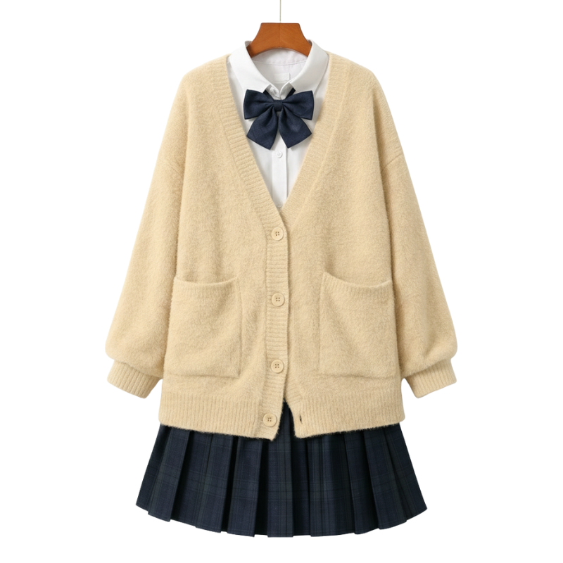Uniforme Japonais Étudiante Avec Cardigan Oversize Et Jupe Plissée
