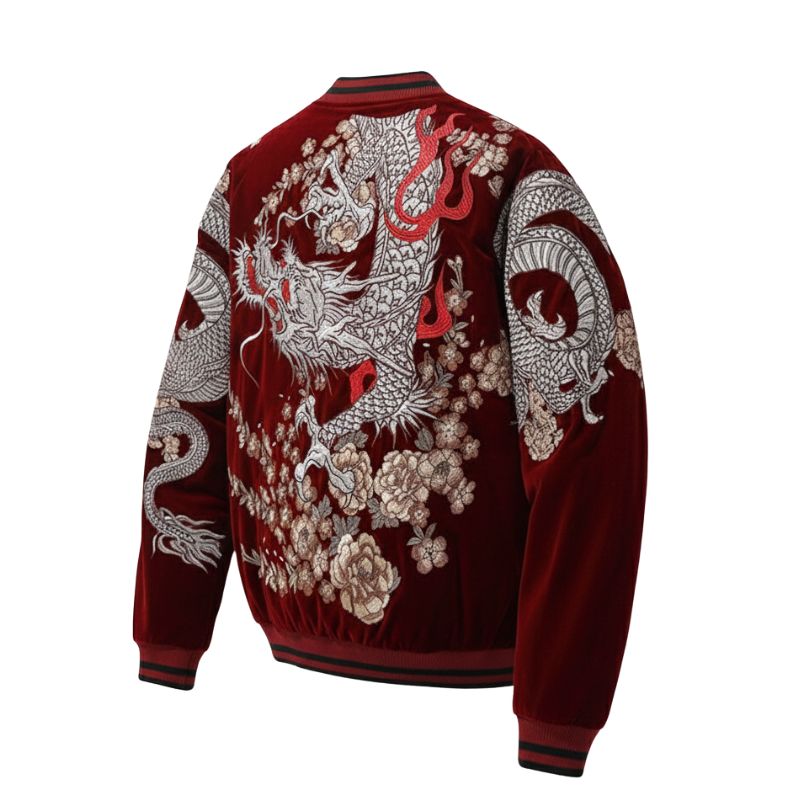 Sukajan Homme En Satin Avec Dragon Enroulé Et Pivoines Brodées