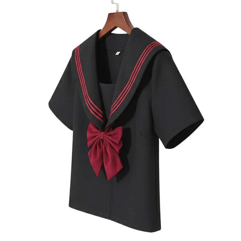Uniforme Japonais Noir Avec Col Marin Et Nœud Rouge