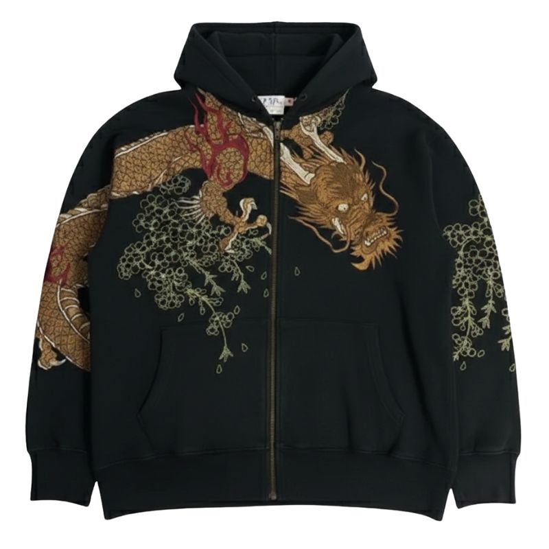 Sweat Japonais Zippé Avec Motif Dragon Traditionnel