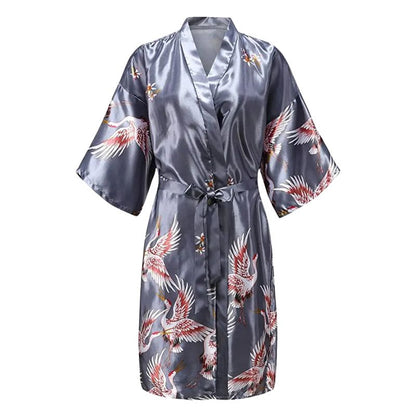 Kimono De Nuit En Satin Avec Motifs Grues Japonaises Élégantes