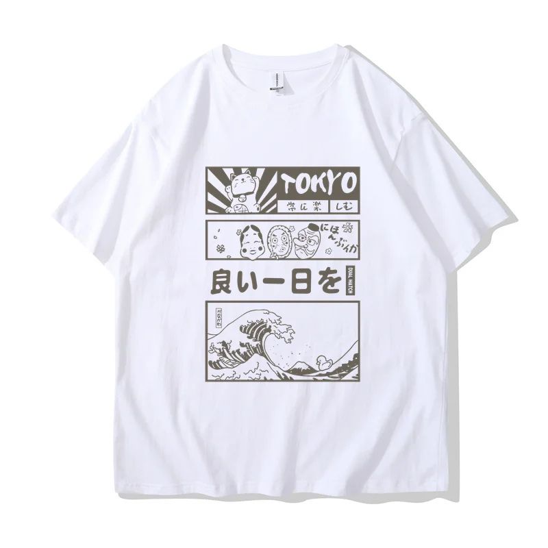 T-Shirt Japonais Avec Illustrations Tokyo Et Vagues Rétro