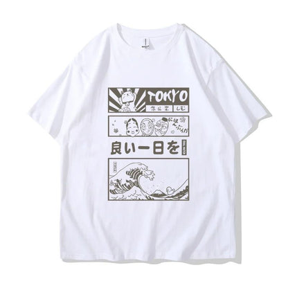 T-Shirt Japonais Avec Illustrations Tokyo Et Vagues Rétro