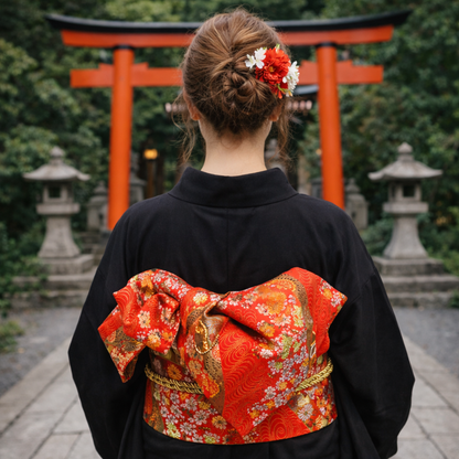 Ceinture Obi Japonaise Style Geisha Motif Fleuri