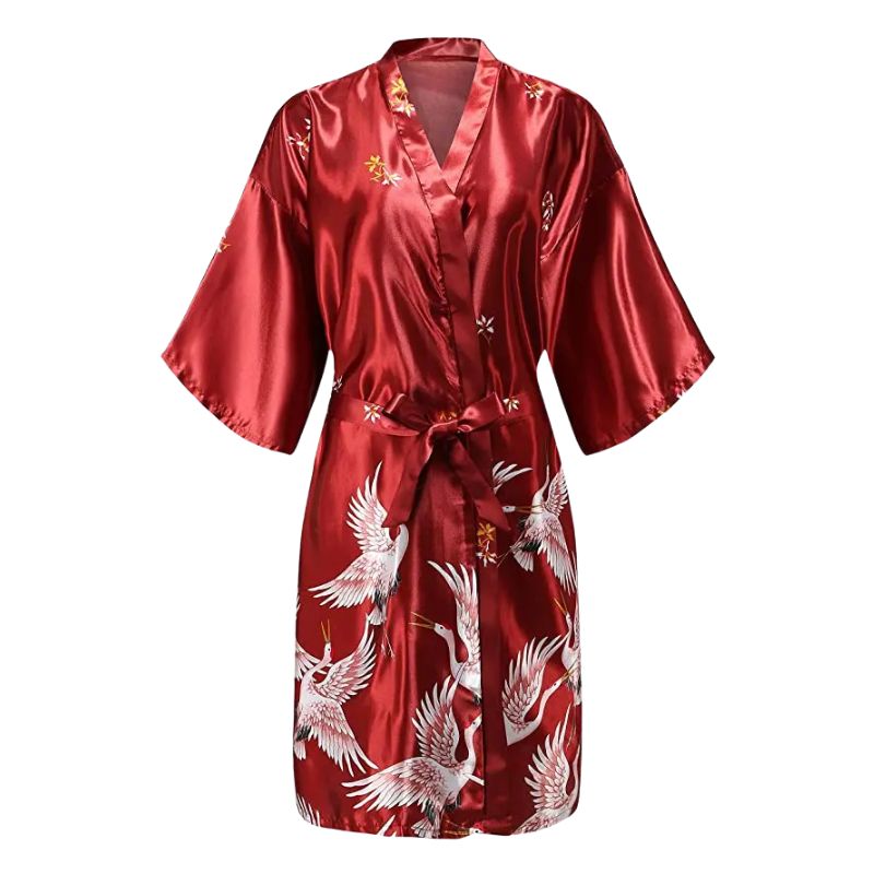 Kimono De Nuit En Satin Avec Motifs Grues Japonaises Élégantes
