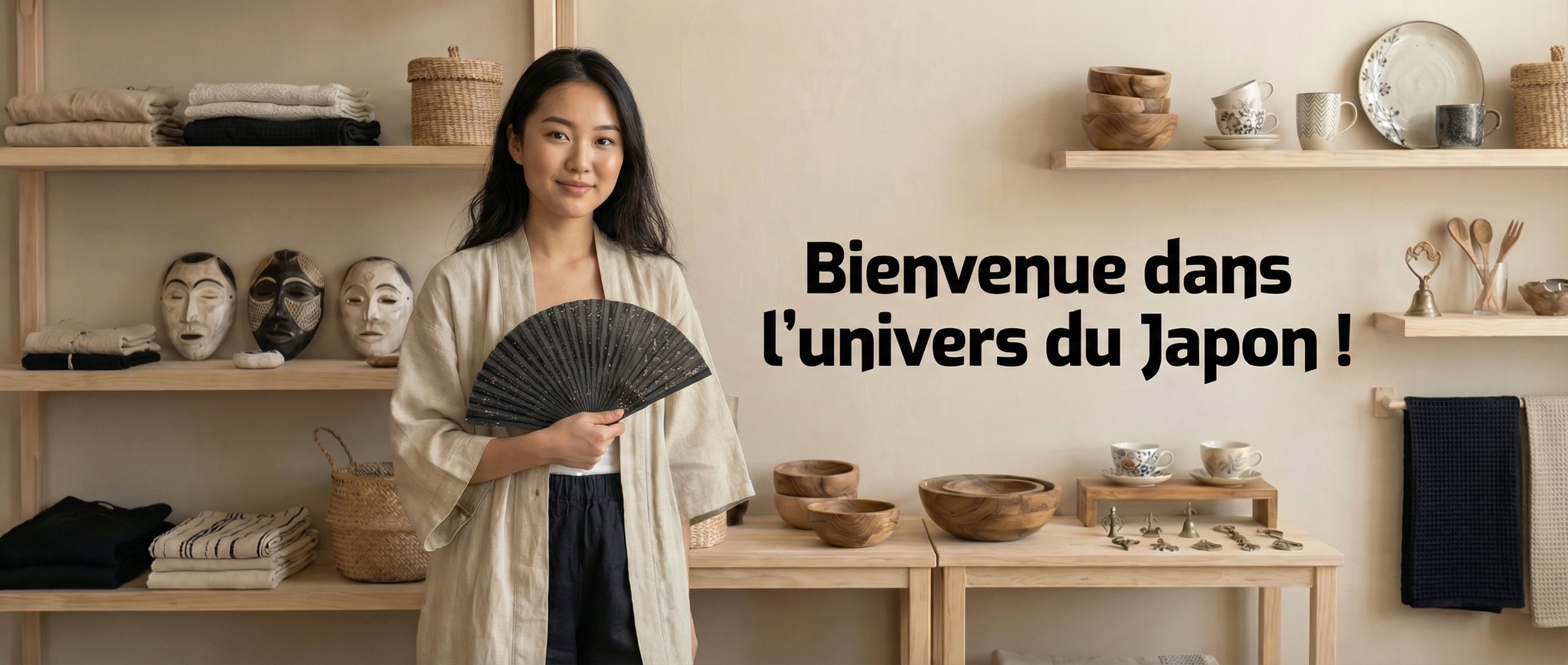 Femme tenant un éventail dans une boutique d’objets et décorations inspirés de la culture japonaise