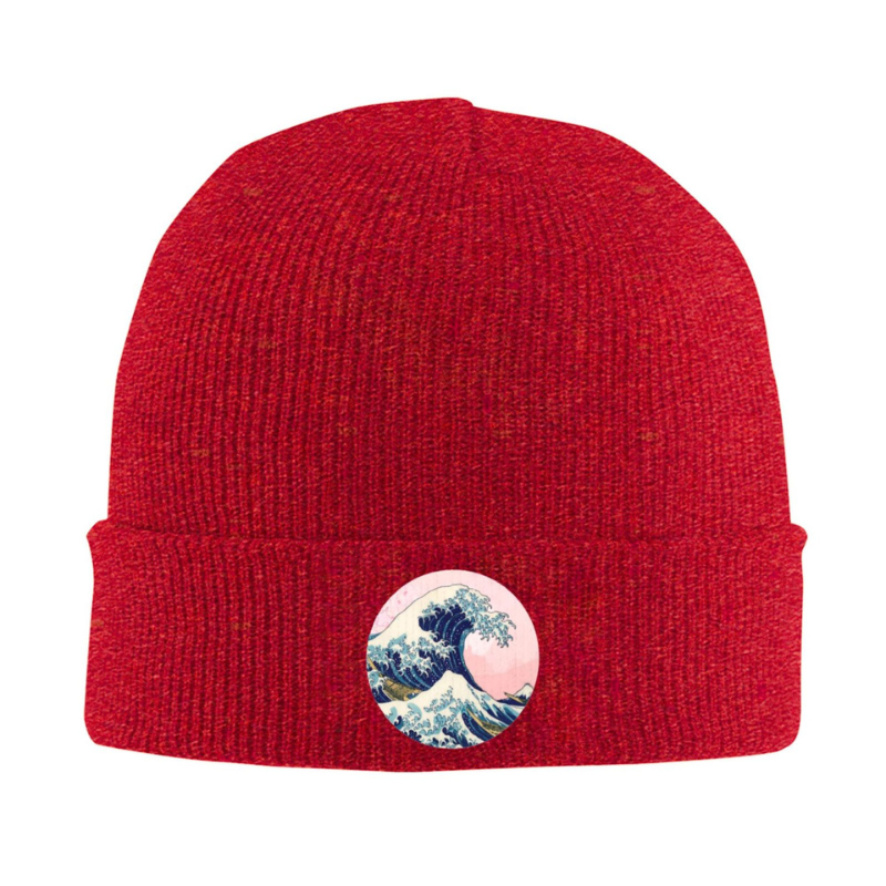 Bonnet Japonais En Maille Avec Patch Vague Hokusai, Bonnet Japonais Rouge