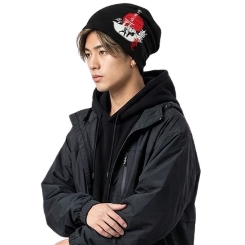 Bonnet Japonais Noir Avec Motif Samouraï Et Soleil Rouge, bonnet japonais noir