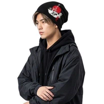 Bonnet Japonais Noir Avec Motif Samouraï Et Soleil Rouge, bonnet japonais noir
