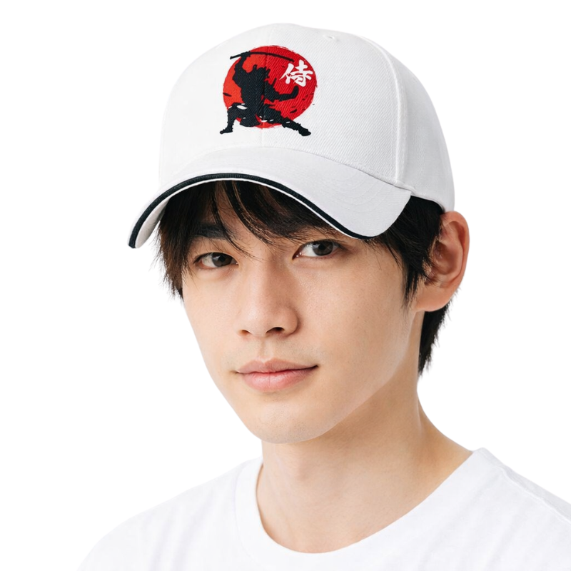 Casquette Japonaise Style Ninja Avec Silhouette Guerrier Dynamique, Casquette Japonaise Blanche