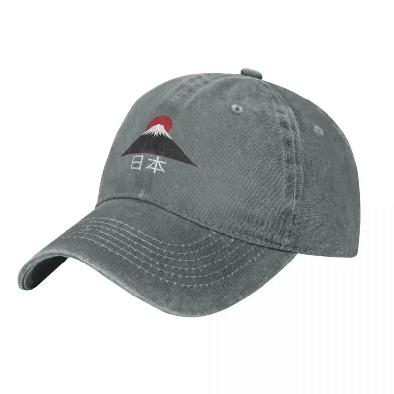 Casquette Japonaise Vintage Avec Broderie Mont Fuji, Casquette Japonaise Gris