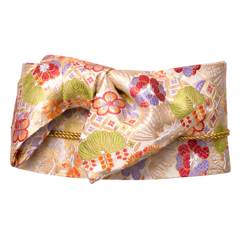 Ceinture Obi Ivoire Brocart Avec Motifs Floraux Colorés, Ceinture Obi Ivoire 