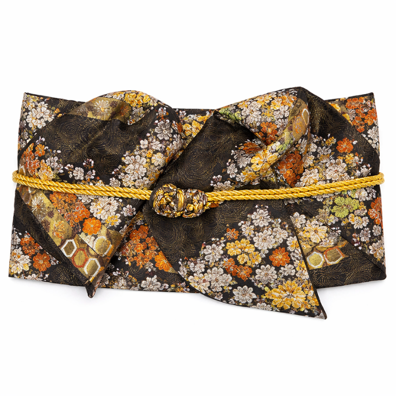 Ceinture Obi Japonaise Style Geisha Motif Fleuri, Ceinture Obi Japonaise Noire