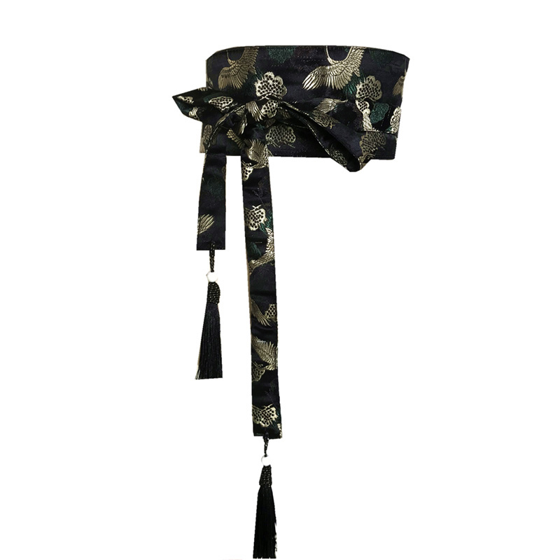 Ceinture Obi Noire À Motif Grue Dorée, Ceinture Obi Noire 