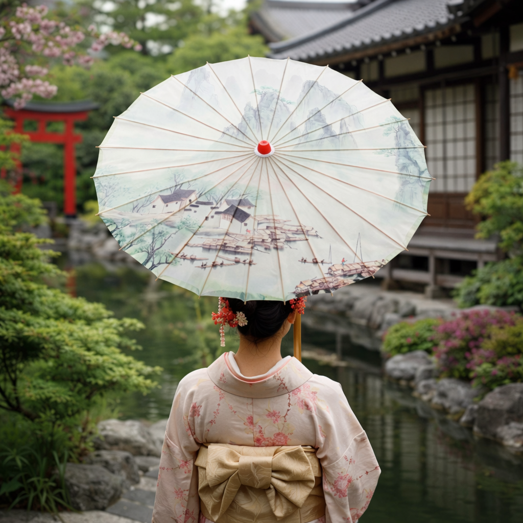 Parapluie Japonais En Papier Blanc Avec Paysage Montagneux