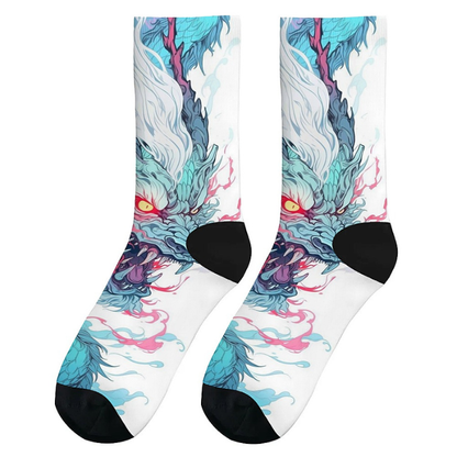 Chaussette Japonaise Imprimé Dragon Bleu Aux Yeux Rouge, chaussette japonaise imprimé
