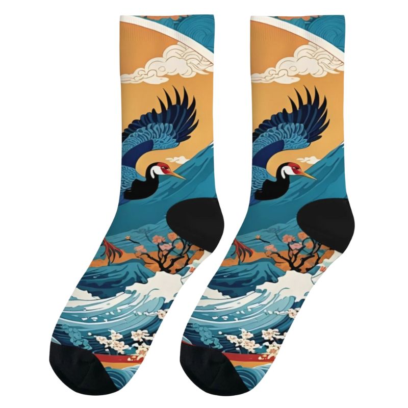 Chaussette Japonaise Imprimé Grue Et Vagues, chaussette japonaise avec motif