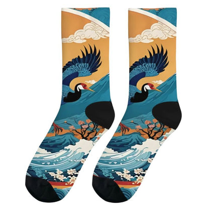Chaussette Japonaise Imprimé Grue Et Vagues, chaussette japonaise avec motif