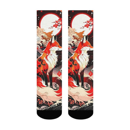 Chaussette Japonaise Imprimé Renard Rouge Et Lune Mystique, chaussette japonaise imprimé