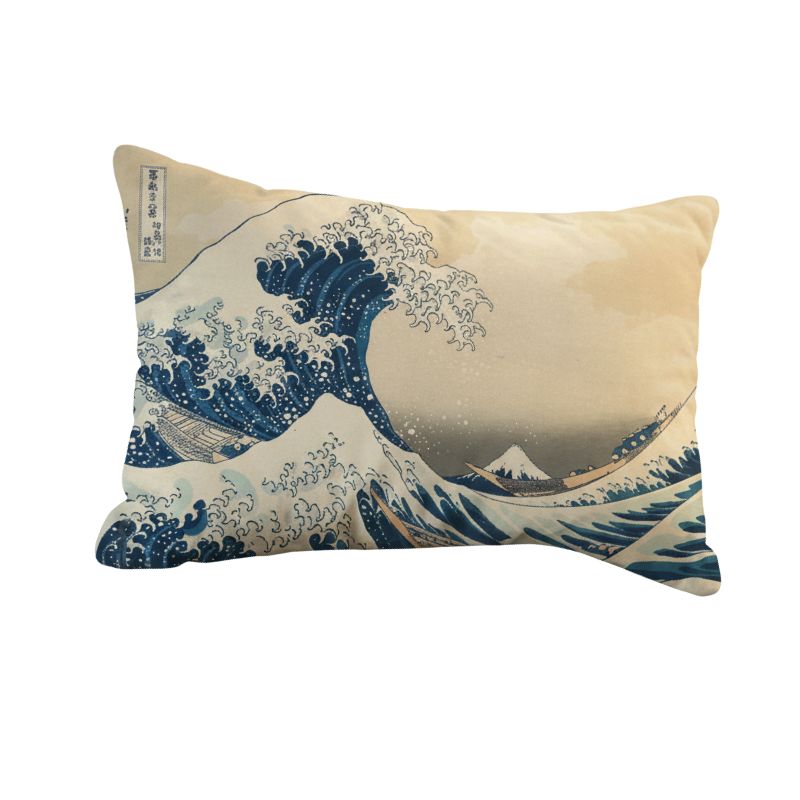Coussin Japonais Décoratif Avec Illustration Vague, Coussin Japonais Bleu