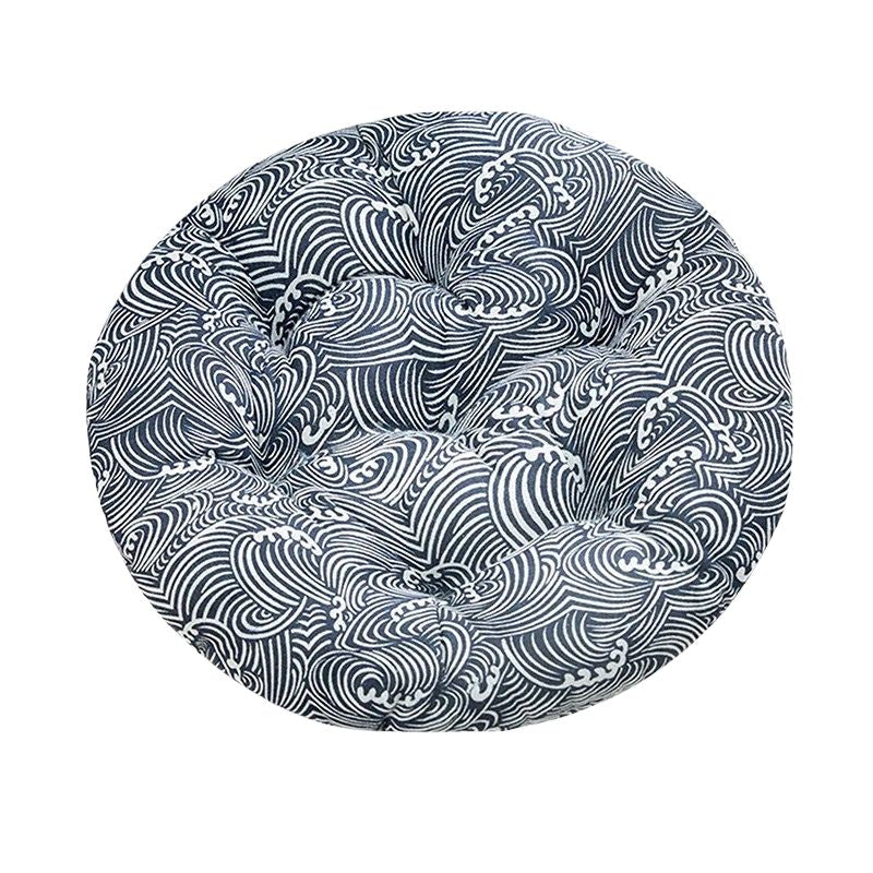 Coussin Japonais Rond Motif Seigaiha Bleu Et Blanc, Coussin Japonais Rond