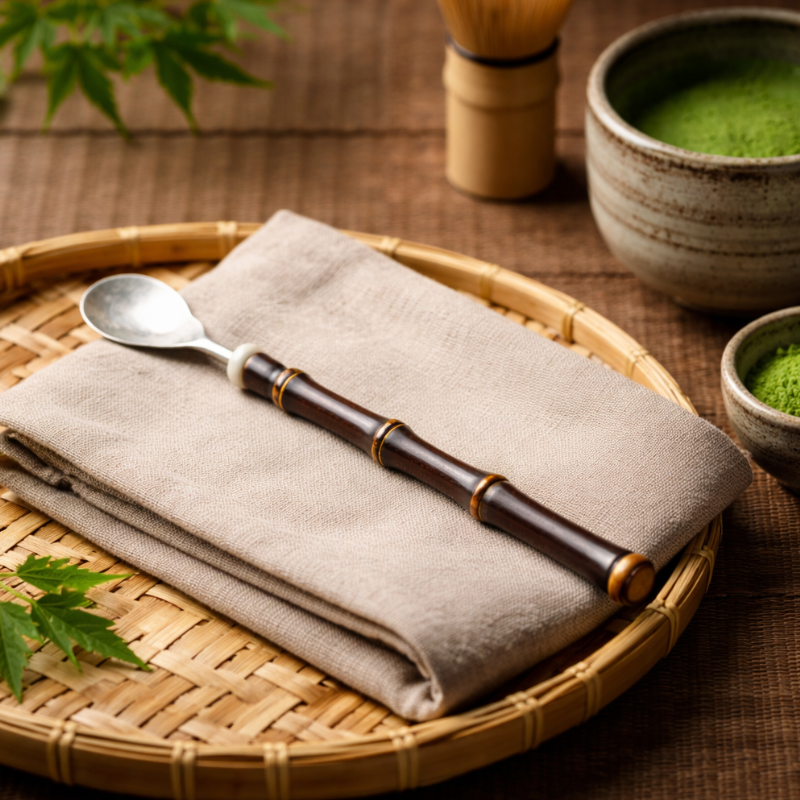Cuillère Matcha En Acier Avec Manche Bambou Fin Sculpté, Cuillère Matcha En Acier