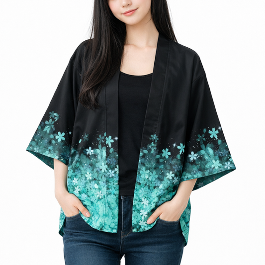 Haori Femme Noir En Motif Fleurs Turquoise Dégradé
