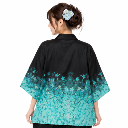 Haori Femme Noir En Motif Fleurs Turquoise Dégradé
