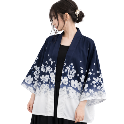 Haori Femme Bleu En Motif Fleurs Blanches Dégradé