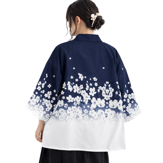 Haori Femme Bleu En Motif Fleurs Blanches Dégradé