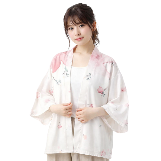 Haori Femme Blanc En Motif Fleurs Roses Délicates